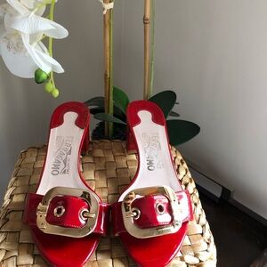 Salvatore Ferragamo Patent Red Mule Heels-Gold Hardware